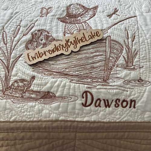 Fishing Baby Quilt: Embroidered Cotton Nursery Blanket