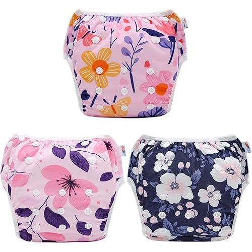 ALVABABY Baby Swim Diapers 3pcs One Size Reuseable Washable & Adjustable for Swimming Lesson & Baby Shower Gifts Blue Gray White 3SWY54