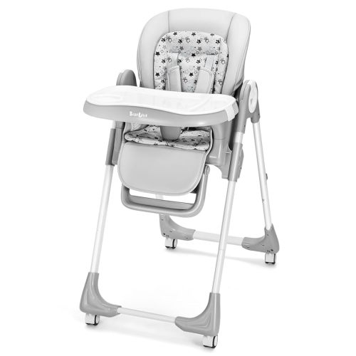 Babilous Foldable High Chair with Soft Cushion, High Chairs for Babies and Toddlers, Height Adjustable Feeding Chair, Adjustable Backrest and Footrest, Lockable Wheels, Star Gray