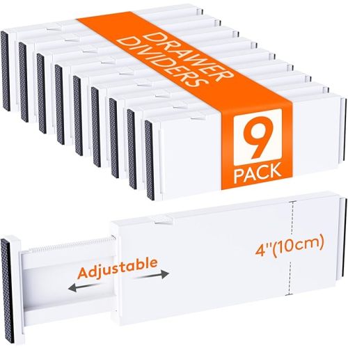 Lifewit 9 Pack Drawer Dividers 4" High, 11-17" Adjustable Drawer Organizers for Clothes, Expandable Dresser Separators in Bedroom/Bathroom/Kitchen/Fridge/Office Organization and Storage, White