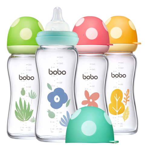 YOHKOH Newborns Glass Bottles,Natural Response Nipple,Wide-Neck Bottle,8.8 oz/4pk,Multicolour