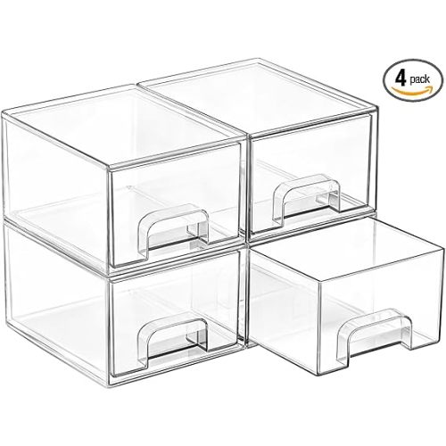 Vtopmart 4 Pack Small Clear Stackable Storage Drawers,Acrylic Bathroom Makeup Organizer,Plastic Storage Bins For Vanity, Undersink, Kitchen Cabinets, Pantry, Home Organization