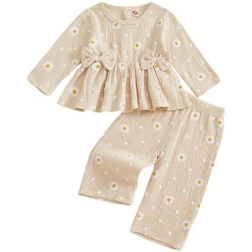 Kaipiclos Baby Girl Clothes Toddler Girl Outfit Bows Ruffle Shirt Pants Cotton Linen Baby Clothes for Girls 12 18 24 Month 3T