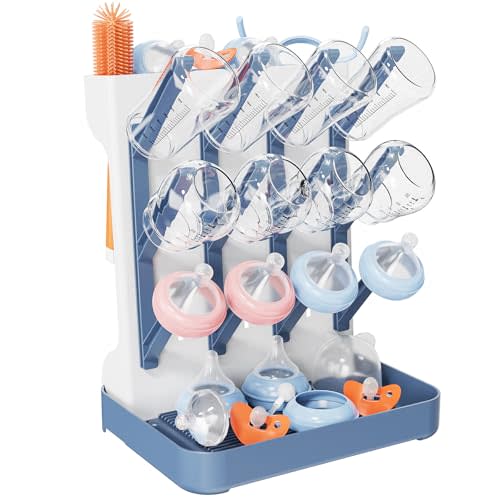 Baby Bottle Drying Rack, Vertical Bottles Dryer Holder Space Saving Standing Bottle Drying Rack for Countertop Kitchen Organize Bottles & Baby Accessories Brushes Pacifiers and Pump Part (Blue)