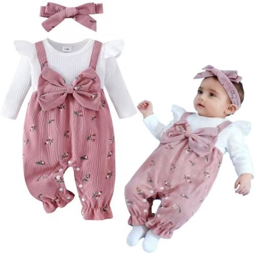 Infant Baby Girls Fall Outfit Long Sleeve Romper Floral Print Fake Two Pieces Patchwork Bow Jumpsuits And Headband Set