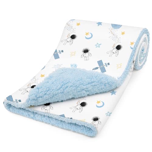 Fleece Baby Blankets for Boys & Girls, Infant Toddler Blanket | Soft Plush Small Receiving Blankets, Cozy Warm Newborn Sherpa Baby Blanket for Crib Stroller, essentials gift, Blue Space