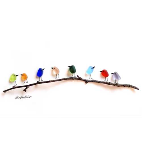 Sea Glass Art: Rainbow Birds on Driftwood Branch - Handmade Unframed Picture