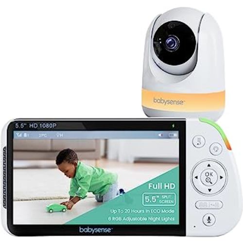 Babysense 5.5” 1080p Full HD Split-Screen Baby Monitor, Video Baby Monitor with Camera and Audio, PTZ Camera, RGB Night Light, 1000ft Range, Two-Way Audio, 4X Zoom, 5000mAh Battery