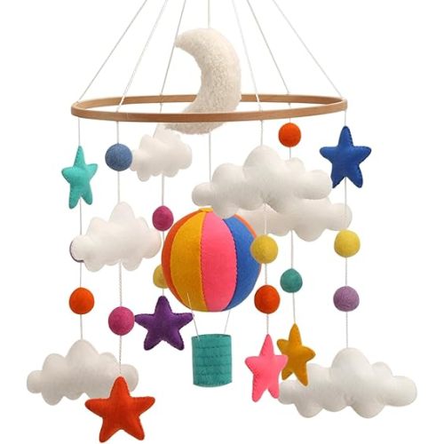 Hot Air Balloon Mobile for Crib - A Gender Neutral Baby Mobile with Clouds and Stars in high Contrast Colors to Work with hot air Balloon Nursery Decor