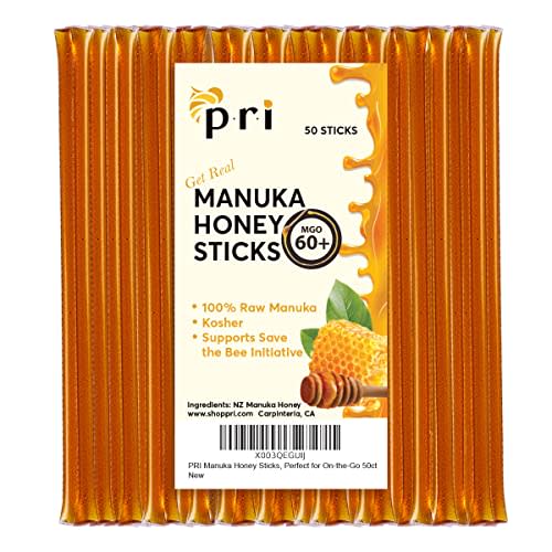 P.R.I Manuka Honey Sticks, Certified MGO 60+, Raw New Zealand Manuka Honey, Perfect for On-the-Go, 50 count