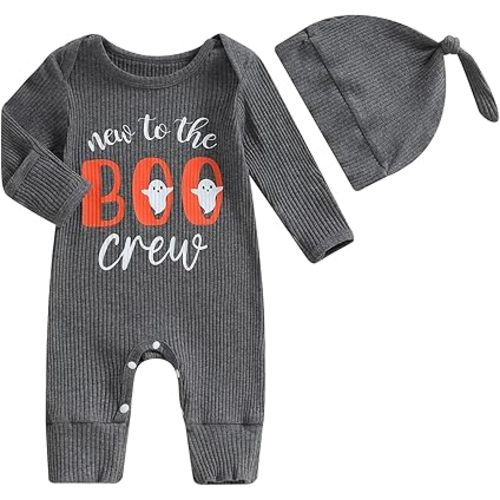 Infant Baby Boy Romper Rib Knit Halloween Jumpsuit New to the Crew BOO Onesie with Hat Newborn Boy Clothes