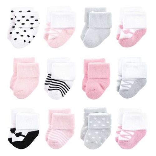 Luvable Friends Baby Girls Newborn and Baby Terry Socks, Pink Black Ballet 12-Pack, 6-12 Months