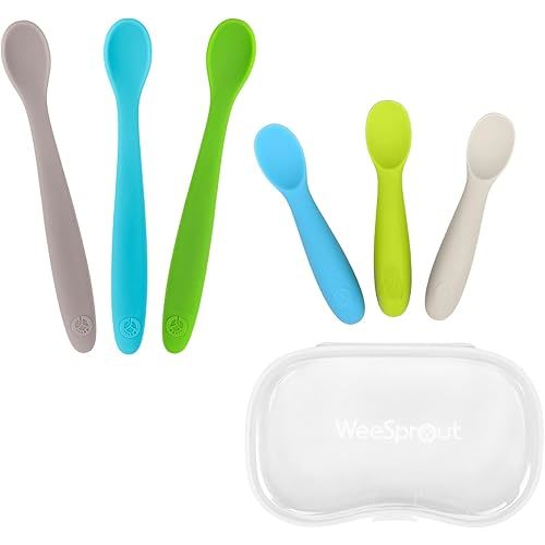 WeeSprout 3 Soft Silicone Spoons & 3 Self Feeding Spoons with Travel Case Bundle - Complete Baby Feeding Set - Easy Grip Handles - Parent & Self-Feeding Utensils - for 6+ Months