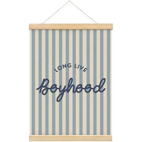 MOFUYU Boys Room Decor,Long Live Boyhood Wall Decor Canvas Hanging Banner,Blue and White Stripes Preppy Poster Hanger Frame for Boys Kids Room,Playroom,Nursery 12x16 Inch