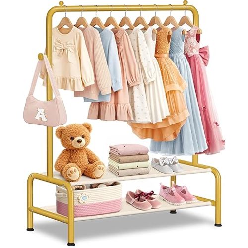 Kids Gold Clothing Rack - Dress Up Clothes Rack - Baby Toddler Closet - Freestanding Coat Racks with 2 Fabric Shelves - Small Kids Costume Wardrobe - Garment Rack for Hanging Clothes Organizer