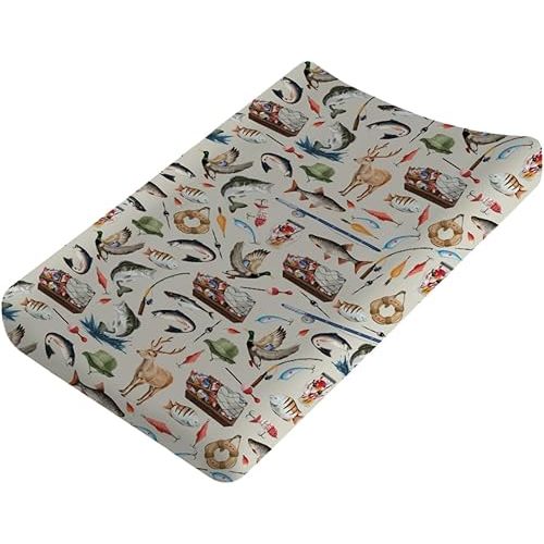 Vintage Hunting Fishing Baby Changing Table Pad Covers for Boy Girl 32''x16'' Fishing Hunting Deer Ducks Fitted Diaper Change Table Mats Hunting Animal Soft Breathable Nursery Changing Table Sheets