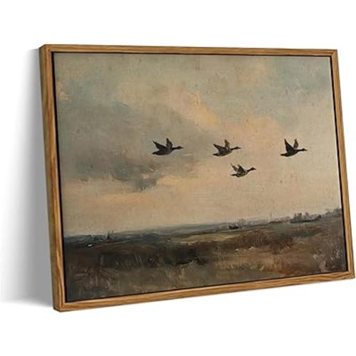 RAHUAO Frame Vintage Flying Duck Wall Art Rustic Countryside Landscape Painting Artwork Vintage Mallard Duck Wall Decor Picture Wildlife Print for Living Room Bedroom Office Rustic Decoration 8x10in