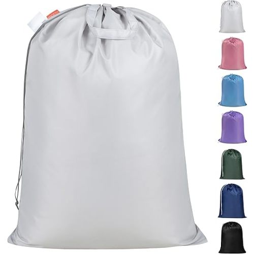 Polecasa Extra Heavy-Duty Laundry Bag 28x36”- Machine Washable Large Storage Bag with Reinforced Handles & Drawstring Closure & ID Tag for College Dorm Travel - Silver