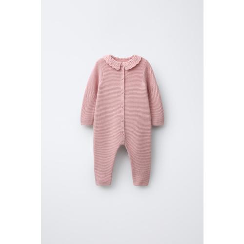 Crochet Knit Jumpsuit - Mid-Pink