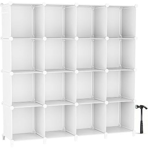 Neprock 16 Cubby Storage Organizer, Closet Clothes Storage Organizer, Cube Shelves Closet Organizers and Storage Shelves for Clothing Storage with Hammer, Bookshelf for Kids (White)
