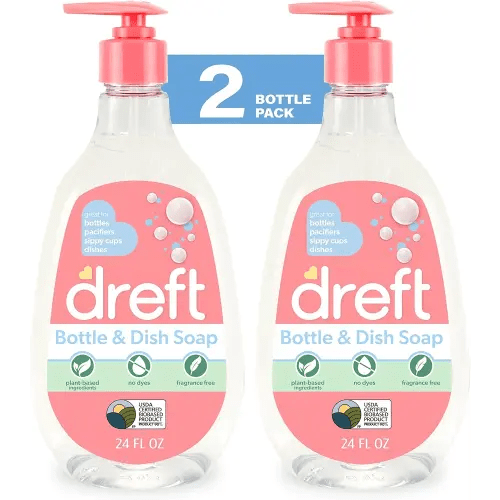 Dreft Baby, Bottle and Dish Soap, Removes Milk Film & Odor, Plant Based, Fragrance Free, Travel Size Bottles, 24 Fl Oz (Pack of 2)