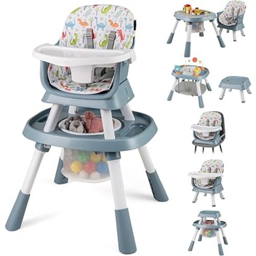 HONEY JOY 16-in-1 Baby High Chair, Convertible Highchair for Babies and Toddlers/Booster Seat/Activity Center with Toys, Building Block Table & Stool, Safety Harness, Removable Cushion & Tray (Blue)