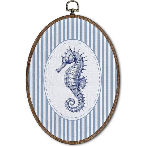 FLAWAFLOMA Vintage Nautical Nursery Oval Wall Art Decor, Kids Room Canvas Wall Art Framed, Retro Sea Horse Hanging Decorations for Kids Toddler Boy Nursery Room Playroom Decor, 8.6x11.4 Inch