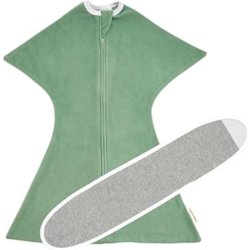 SleepingBaby Zipadee-Zip Fleece Transition Swaddle and Grey Snuggle Strap - Arms-Out Wearable Blanket for Baby Sleep, Soft Breathable 0.8 TOG - Basil, Small (4-8 Month)