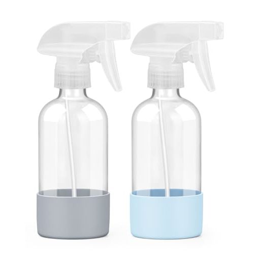 Worldgsb 2 Pack Glass Spray Bottles 8 oz, Empty Refillable Containers with Silicone Sleeve Protection, Glass Spray Bottles for Cleaning Solutions, Hair and Plants with Adjustable Nozzles Blue&Grey