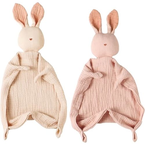 insular Bunny Lovey Blanket for Boys and Girls, Organic Cotton Muslin Security Blanket for Babies, Soft Breathable Lovie Soothing Towel for Newborn and Infant, 2 Pcs Set, Pink&Khaki