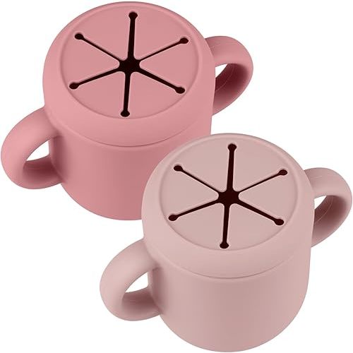 Snack Containers, Silicone Snack Cups for 6-12 Months Toddlers - Pack of 2 Food Grade Silicone Snack Cups with Grip Handle for Baby Led Weaning, Unbreakable (Blush/Mauve)