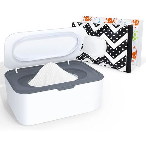 Baby Wipes Dispenser, Wipe Holder with 2 Pcs Portable Travel Wipes Container, Refillable Diaper Wipes Pouch with Lids and Sealing Design, Flushable Bathroom Storage Case Box