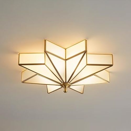 Gold Star Flush Ceiling Light - 19.5 Inch Brass Glass Large Mount Fixture - Art Deco Mid Century Vintage Modern Moravian Lighting Lights for Bedroom Dining Kitchen Foyer Farmhouse Living Room Fixtures
