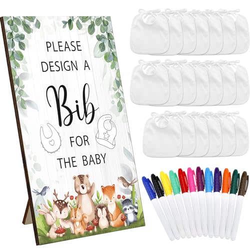 Panitay 43 Pcs Baby Shower Games White Bibs Design, Include Wooden Baby Shower Game Sign, 30 DIY Blank White Bibs, 12 Markers for Gender Reveal Party Decorating Supplies(Woodland Animal)