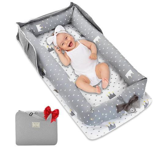 Baby Lounger for Newborn 0-24 Months, Breathable and Soft Cotton Infant Lounger Adjustable U-Shaped Safety Bumper for Cozy Comfort(Crown Grey)