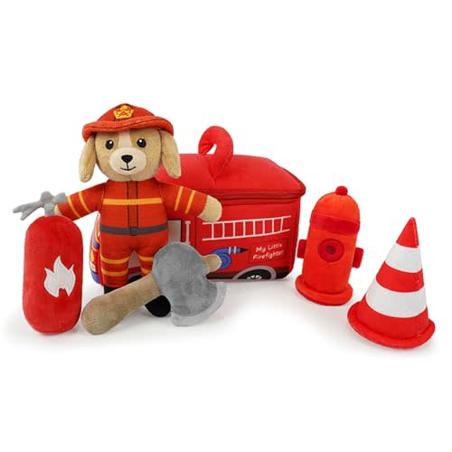 Stuffed Plush Firefighter Kit for Baby Toddler, 6-Pcs My Little Playset, Sensory Pretend Play Toy with Fire Truck/Dog Firefighter/Extinguisher, Boy Girl Infant Gifts