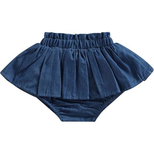 Baby Girl Denim Skirt Cute Ruffle Pleated Elastic Waist Bottoms Jean Skorts Infant Toddler Mini Bubble Bloomers
