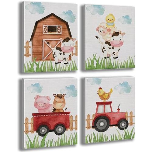 Watercolor Farmhouse Nursery Decor Canvas Wall Art Farm Cute Animal Chicken Cow Pig Wall Decor Artwork Poster Prints for Home Living Room Girls Boys Bedroom Classroom Decoration,4PCS,Framed,8x10IN