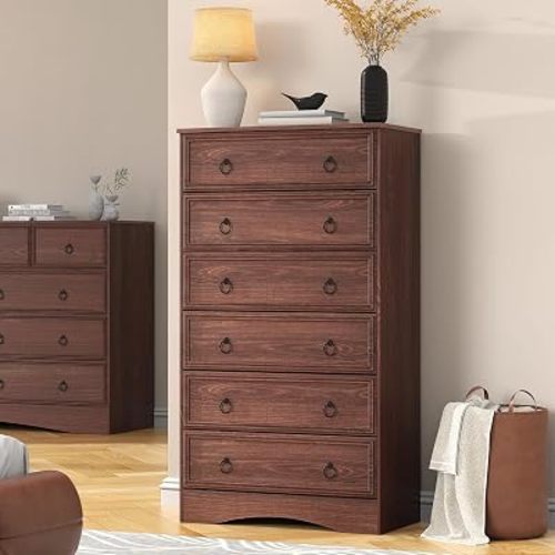 VVFLU Cherry Wood Dresser 52" Tall for Bedroom, Wood 6 Chest Drawers, 6 Drawer Dresser, Storage for Clothes, Narrow Large Drawers, Vintage, for Living Room, Bedroom, Hallway