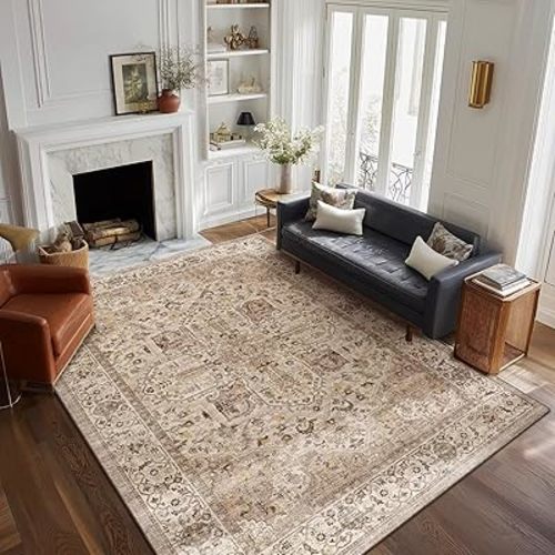 6x9 Area Rugs for Living Room, Washable Boho Non-Slip Vintage Distress Large Rugs for Bedroom Dining Room Nursery Office, 0.3" Neutral Oriental Throw Thin Carpet, Camel/Multi