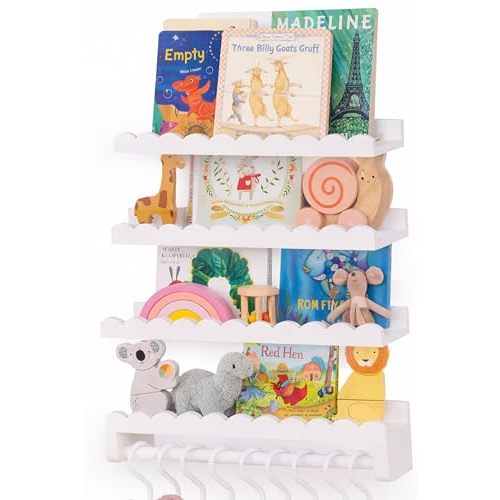 Hommli Nursery Book Shelves, Scalloped Shelves, 4-Pack White Set with 1 Hanging Rod and 8 S-Hooks for Kids’ Rooms and Baby décor