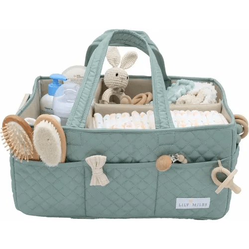 Lily Miles Baby Diaper Caddy Organizer, Quilted Nursery Storage Basket for Newborn Essentials and Diaper Changing Station, Gift for Baby Shower and Registry Must-Have (Willow Green)