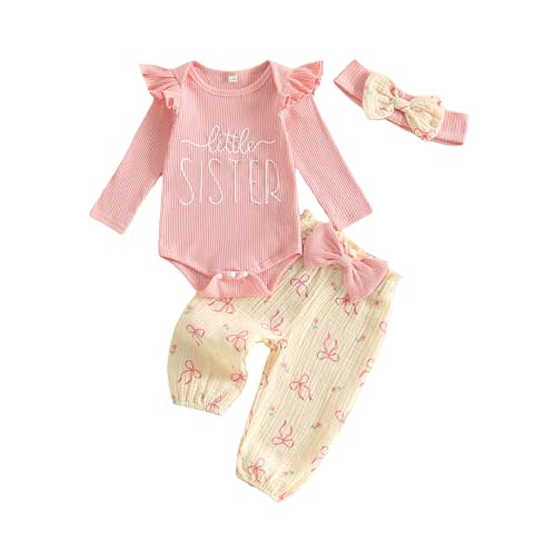 Twopumpkin Newborn Clothes Baby Girl Little sister Coming Home Outfit Ribbed Romper Muslin Pants Headband 0 3 6 9 12 Month