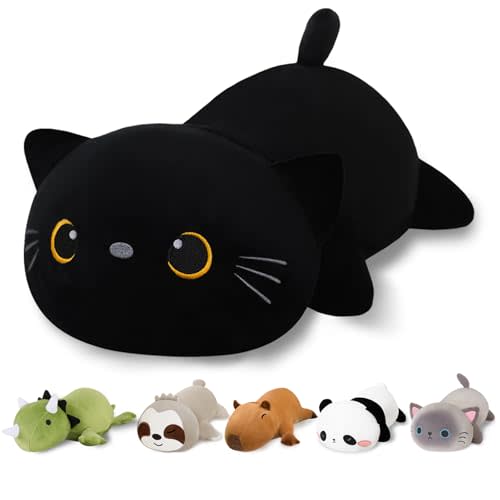Finebee Weighted Black Cat Stuffed Animals, Cute Weighted Black Cat Plush, Soft Comfort Stuffed Weighted Plushie Pillow Gifts for Kids & Adults (9.8" 0.8Lbs)