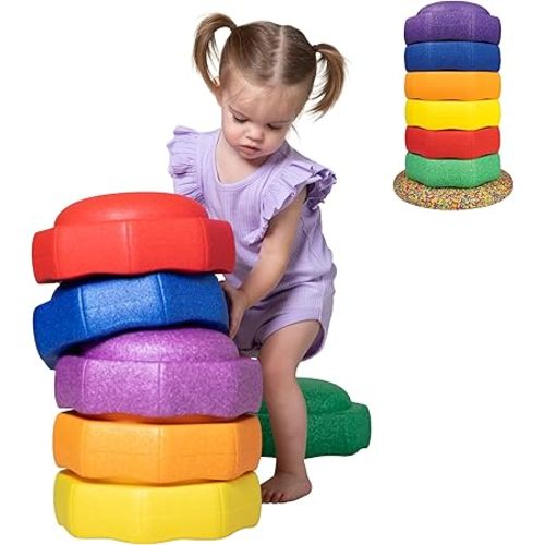 Nuby Stepping Stones StepPebbles with Balance Board - Montessori-Inspired Sensory Play - Stack, Step, & Balance Indoor & Outdoor Play - Waterproof & Holds Up to 400 lbs - Primary Colors