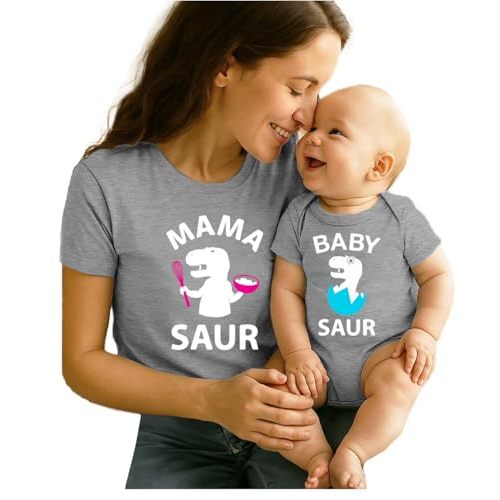 Tstars Mama and Baby Saur Matching Outfit Set - Mom Shirt and Bodysuit Gift for Baby Shower or Mother's Day