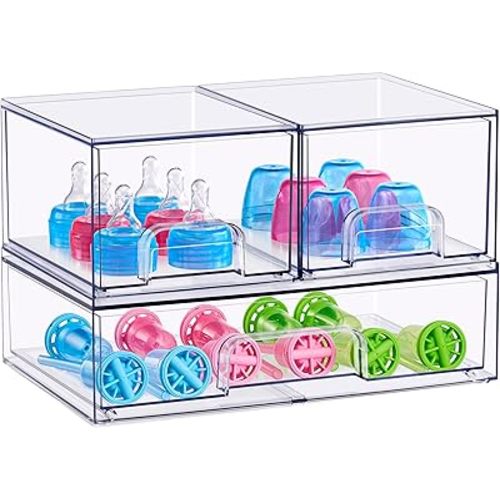 Sorbus Stackable Acrylic Storage Drawers – 2 Small + 1 Wide – 3 Pack Clear Plastic Organizer Bins for Baby Bottles, Makeup, Bathroom & Vanity, Pull-Out Drawer Design for Kitchen Cabinets
