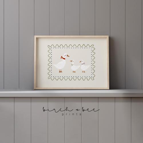 Vintage Goose Family Art Print: Neutral Nursery Decor