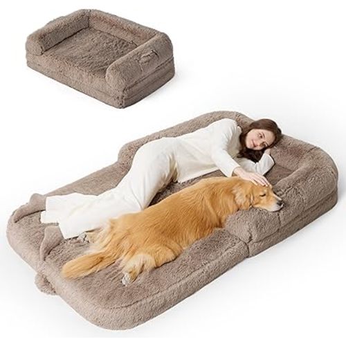 Bedsure Foldable Human Dog Bed - 2 in 1 Flexible Giant Human Dog Bed for Adult People with Supportive Bolster Egg Foam, Waterproof Liner, Calming Fluffy Faux Fur Orthopedic Big Bean Bed, Camel