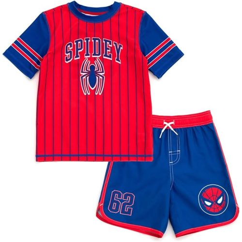 Marvel Raglan Rash Guard and Swim Trunks UPF 50+ Outfit Set Toddler to Big Kid Sizes (2T - 18-20)